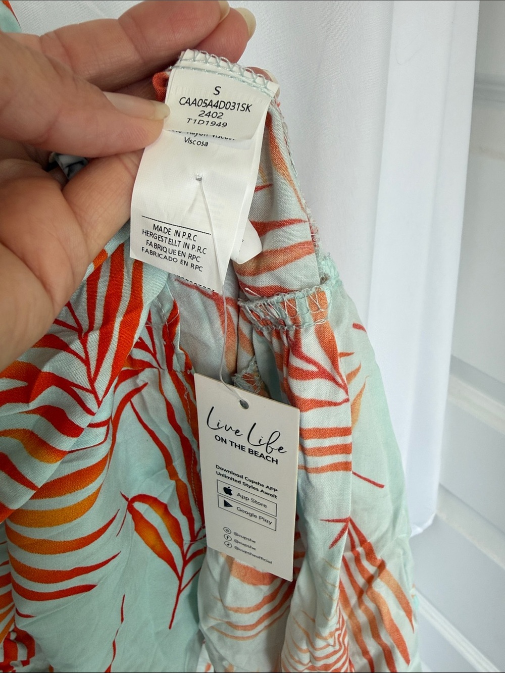 Cupshe Tropical Palm Tie-Front Swim Coverup in Aqua with Red & Yellow Leaves - Picture 2 of 4